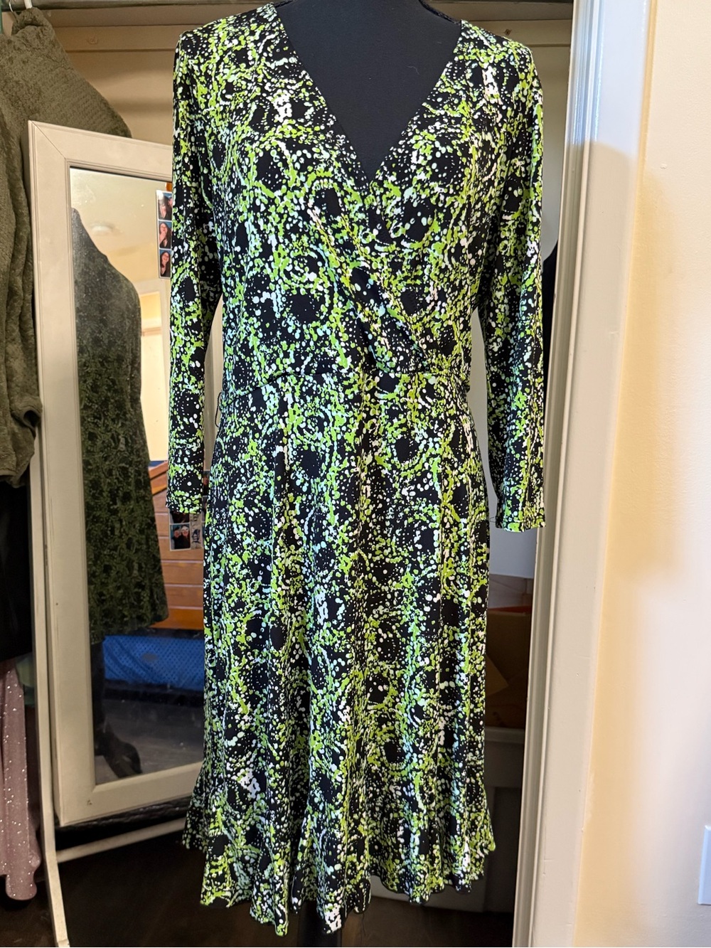 Black and Neon Green Printed Wrap-Style Women's Dress